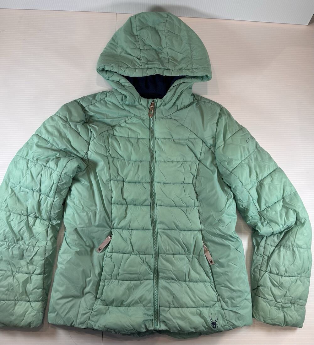 Spyder Girls L 12 14 Mint Green Hooded Puffer Jacket Fleece Lined Winter Ski